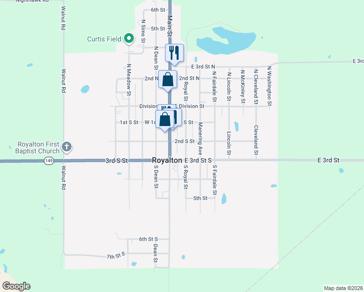 map of restaurants, bars, coffee shops, grocery stores, and more near 2nd S St in Royalton