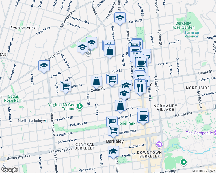 map of restaurants, bars, coffee shops, grocery stores, and more near 1841 Cedar Street in Berkeley