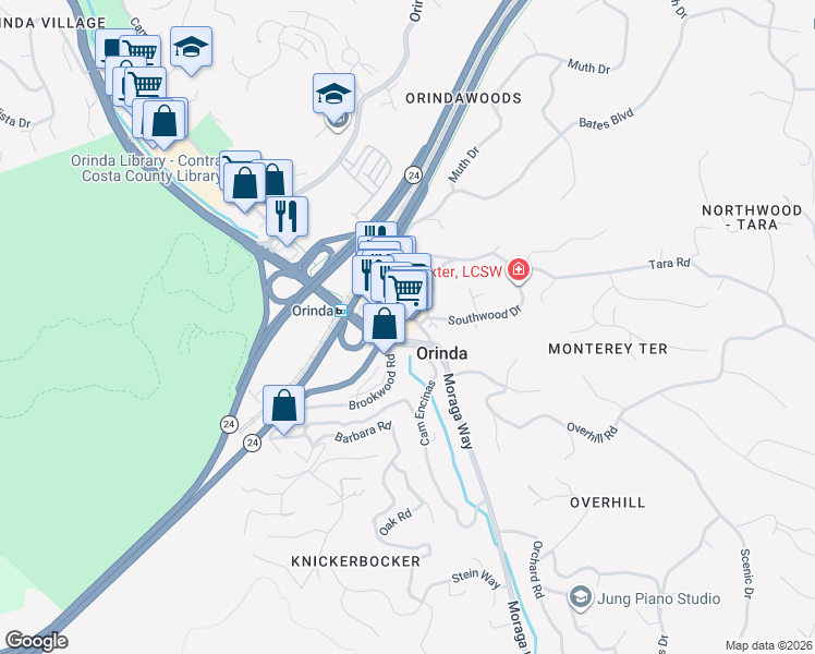 map of restaurants, bars, coffee shops, grocery stores, and more near 6 Camino Pablo in Orinda