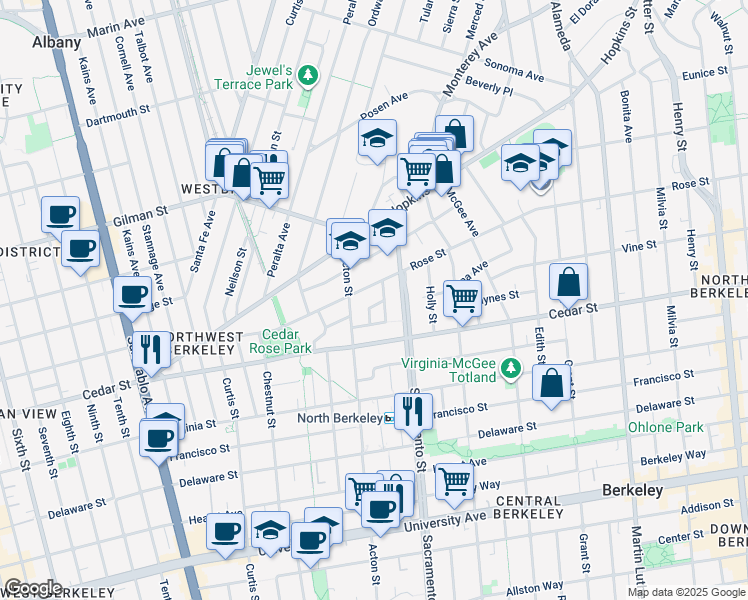 map of restaurants, bars, coffee shops, grocery stores, and more near 1471 Catherine Drive in Berkeley
