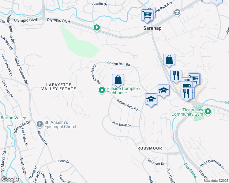 map of restaurants, bars, coffee shops, grocery stores, and more near 800 Rockview Drive in Walnut Creek