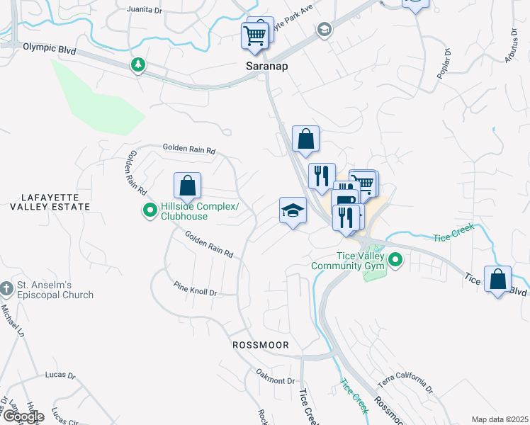 map of restaurants, bars, coffee shops, grocery stores, and more near 1900 Golden Rain Road in Walnut Creek