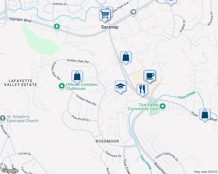 map of restaurants, bars, coffee shops, grocery stores, and more near 1900 Golden Rain Road in Walnut Creek