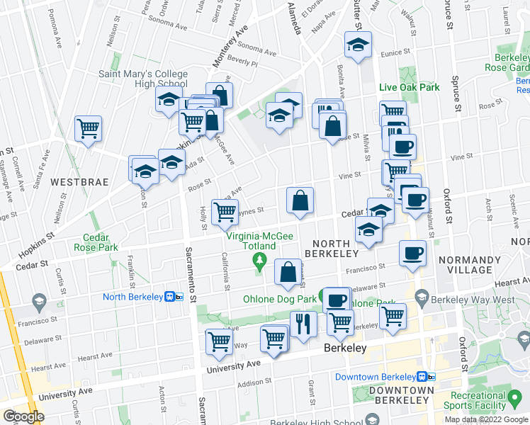 map of restaurants, bars, coffee shops, grocery stores, and more near 1716 Jaynes Street in Berkeley