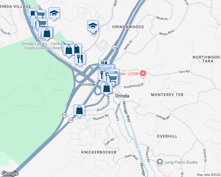 map of restaurants, bars, coffee shops, grocery stores, and more near 6 Camino Pablo in Orinda