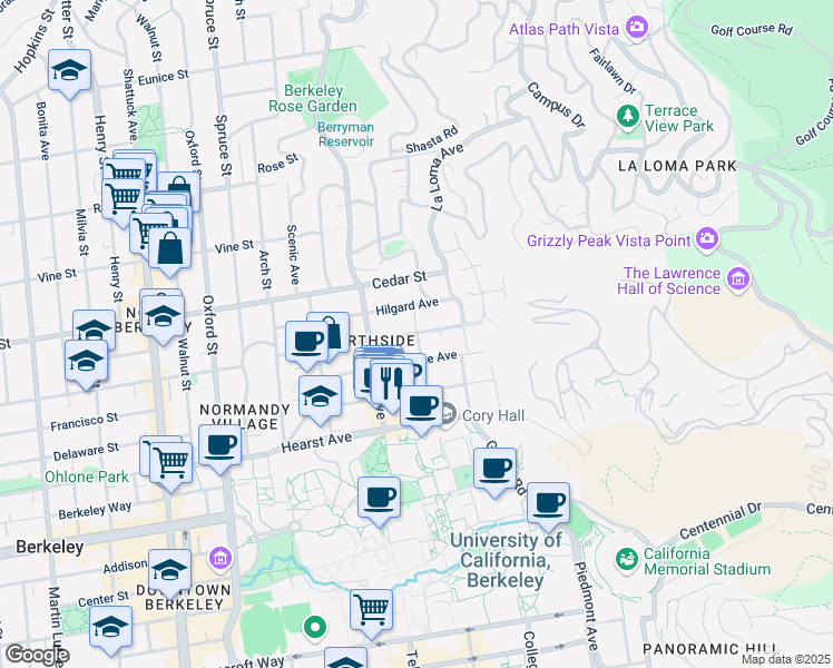 map of restaurants, bars, coffee shops, grocery stores, and more near 2597 Virginia Street in Berkeley