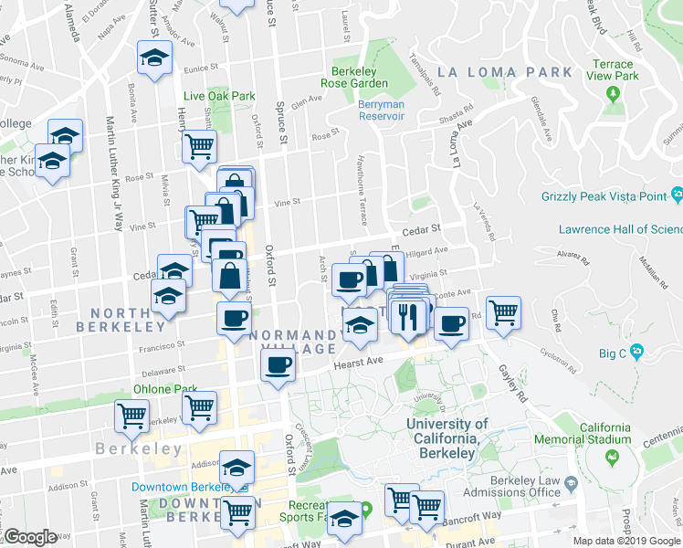 map of restaurants, bars, coffee shops, grocery stores, and more near 2346 Hilgard Avenue in Berkeley