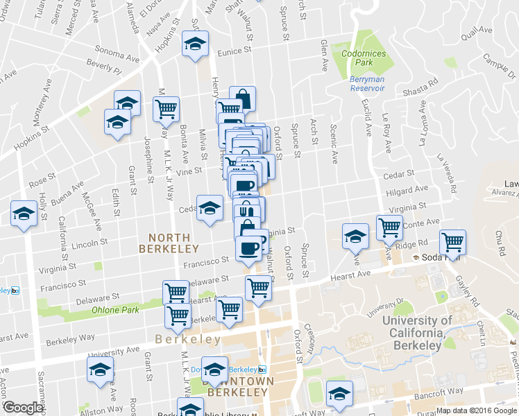 map of restaurants, bars, coffee shops, grocery stores, and more near 1611 Walnut Street in Berkeley