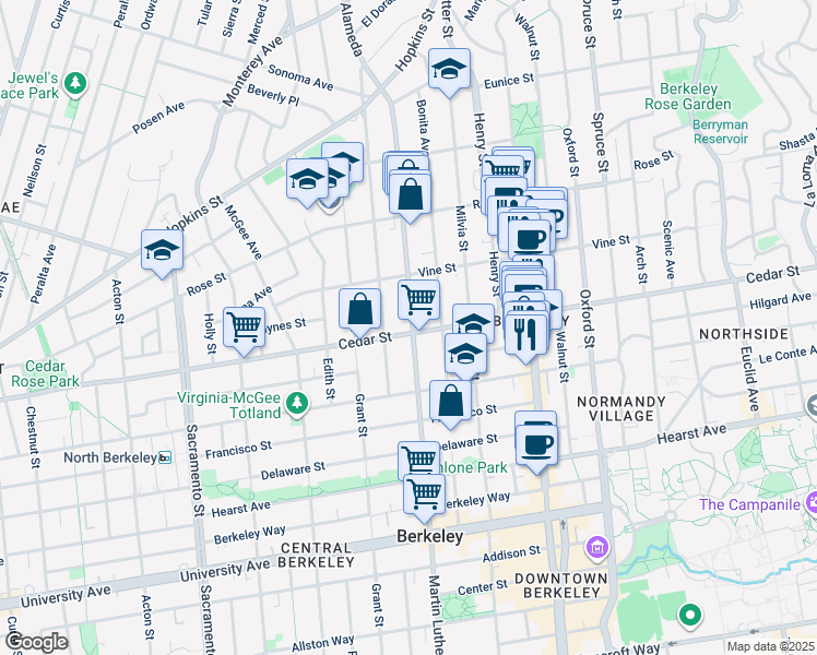 map of restaurants, bars, coffee shops, grocery stores, and more near in Berkeley
