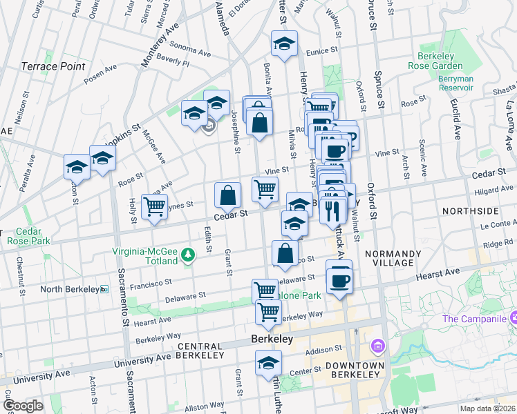 map of restaurants, bars, coffee shops, grocery stores, and more near in Berkeley
