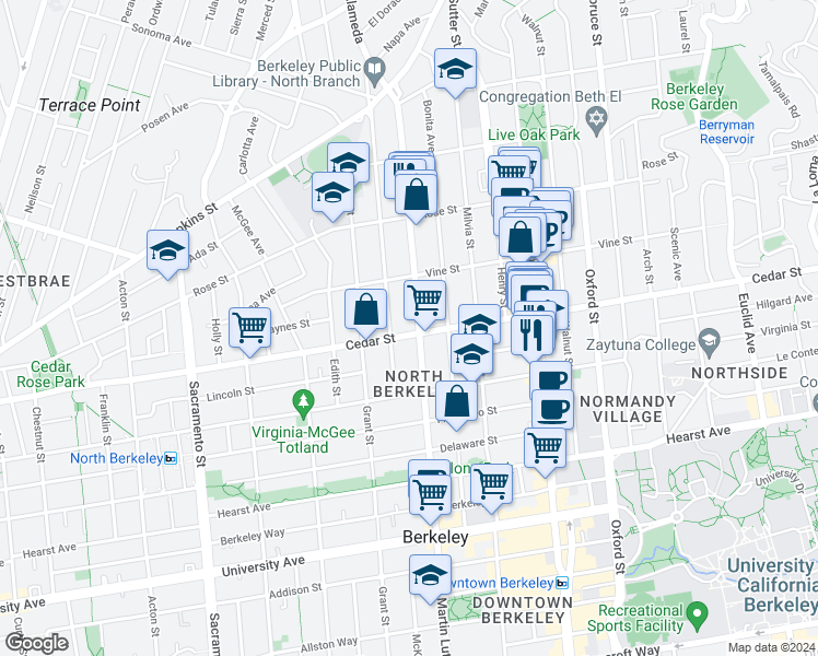 map of restaurants, bars, coffee shops, grocery stores, and more near in Berkeley