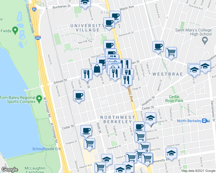 map of restaurants, bars, coffee shops, grocery stores, and more near 938 Camelia Street in Berkeley