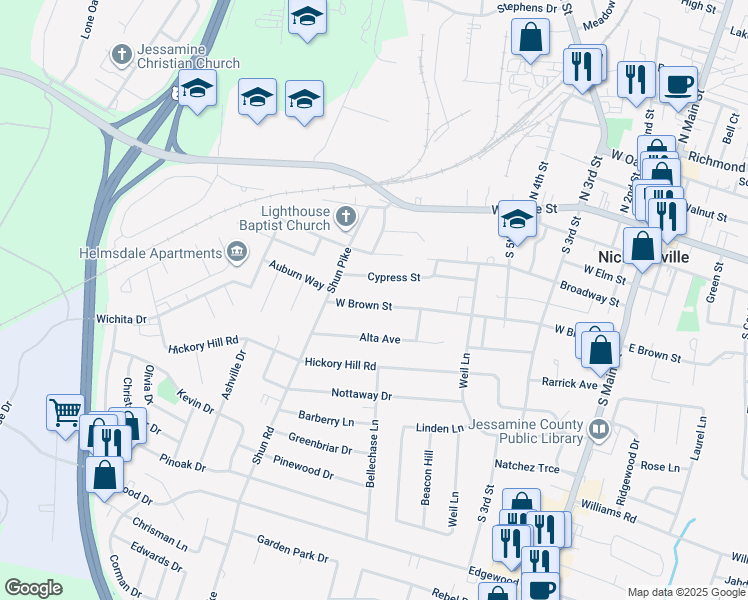 map of restaurants, bars, coffee shops, grocery stores, and more near 519 West Brown Street in Nicholasville