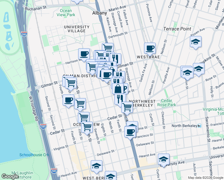 map of restaurants, bars, coffee shops, grocery stores, and more near 1415 Tenth Street in Berkeley