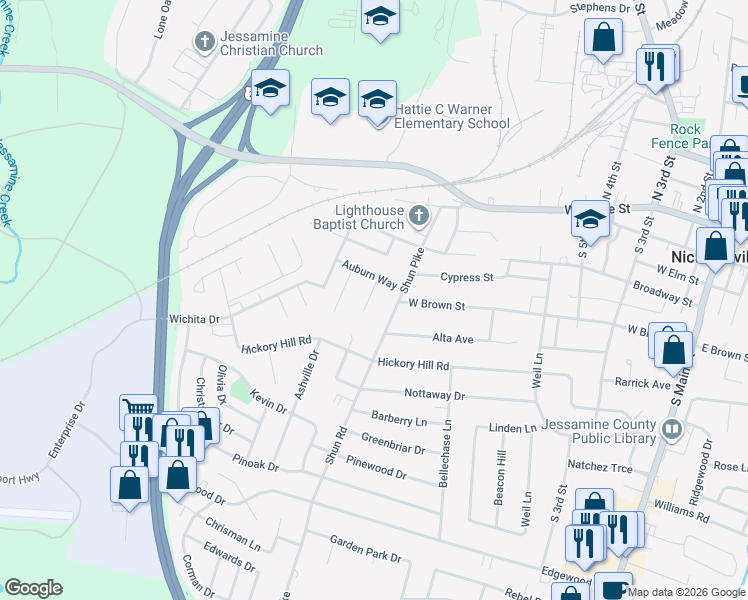 map of restaurants, bars, coffee shops, grocery stores, and more near 113 Raleigh Drive in Nicholasville