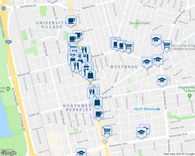 map of restaurants, bars, coffee shops, grocery stores, and more near 1151 Page Street in Berkeley