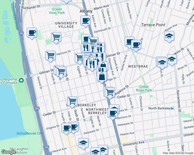 map of restaurants, bars, coffee shops, grocery stores, and more near 1415 Tenth Street in Berkeley