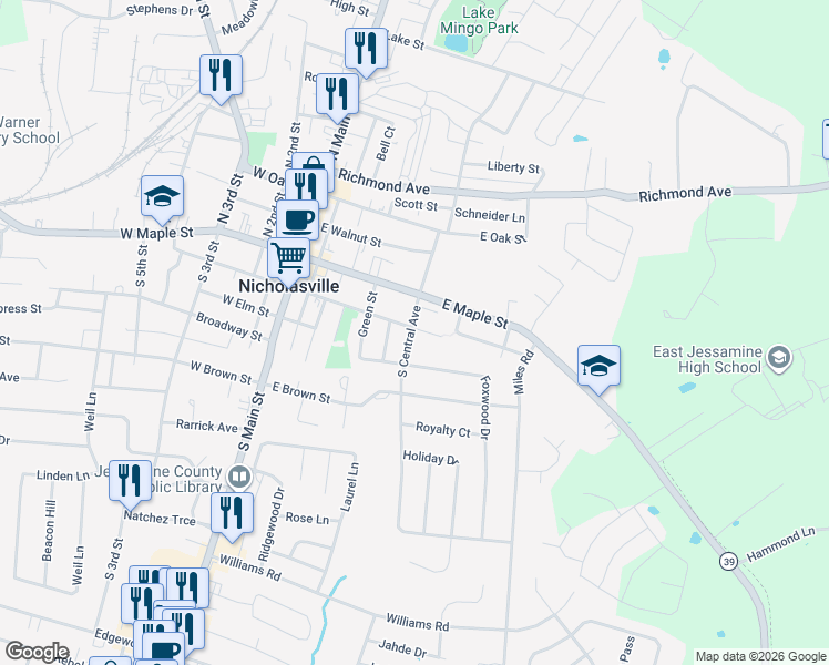 map of restaurants, bars, coffee shops, grocery stores, and more near 200 South Central Avenue in Nicholasville