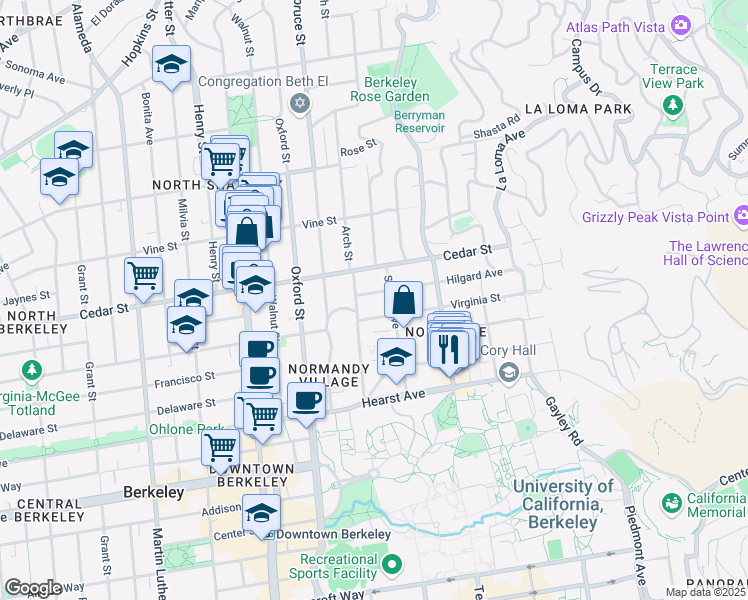 map of restaurants, bars, coffee shops, grocery stores, and more near 2346 Hilgard Avenue in Berkeley