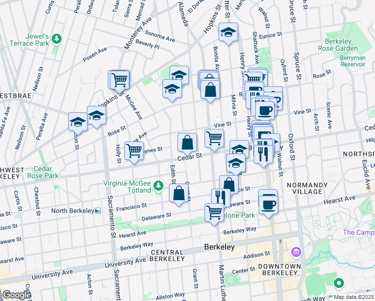 map of restaurants, bars, coffee shops, grocery stores, and more near 1535 Grant Street in Berkeley
