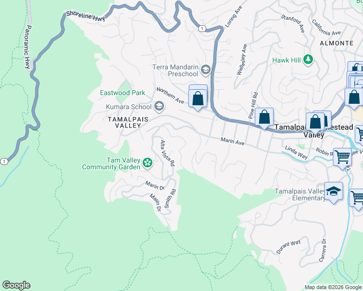 map of restaurants, bars, coffee shops, grocery stores, and more near 740 Bay Road in Mill Valley