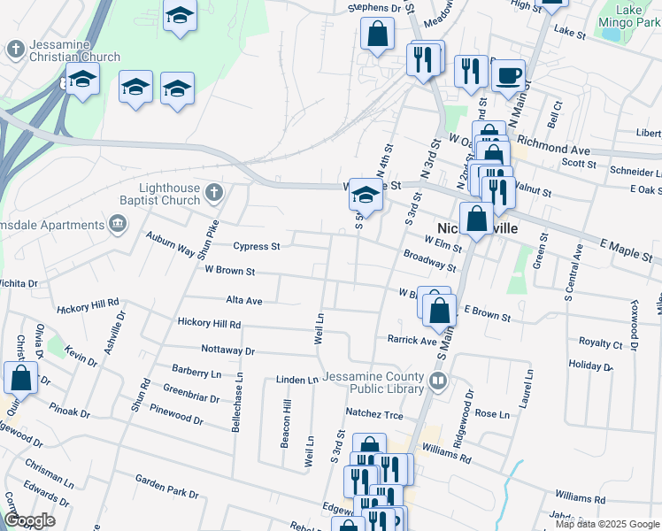 map of restaurants, bars, coffee shops, grocery stores, and more near 113 Johnson Avenue in Nicholasville