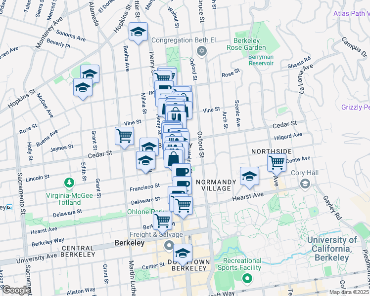 map of restaurants, bars, coffee shops, grocery stores, and more near 1612 Walnut Street in Berkeley