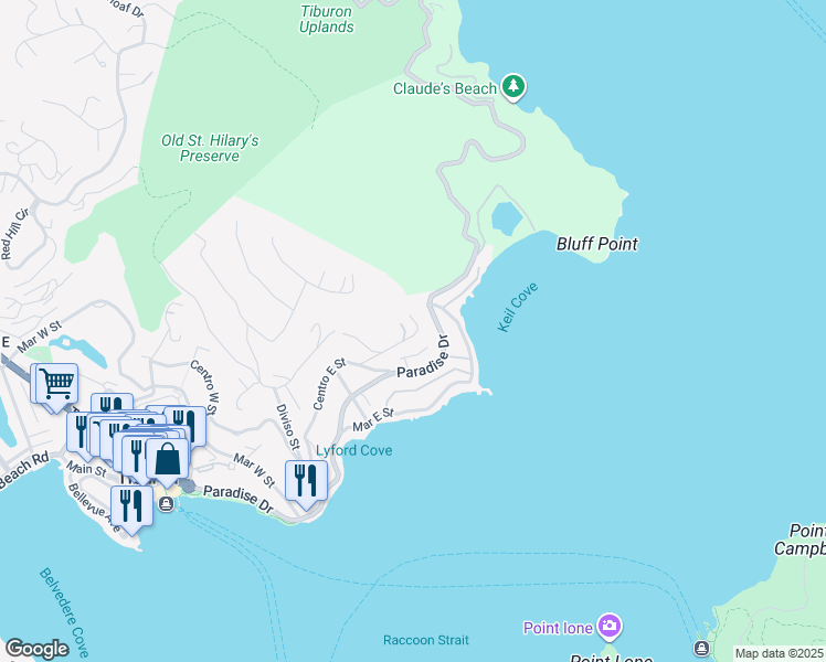 map of restaurants, bars, coffee shops, grocery stores, and more near 2375 Spanish Trail Road in Tiburon