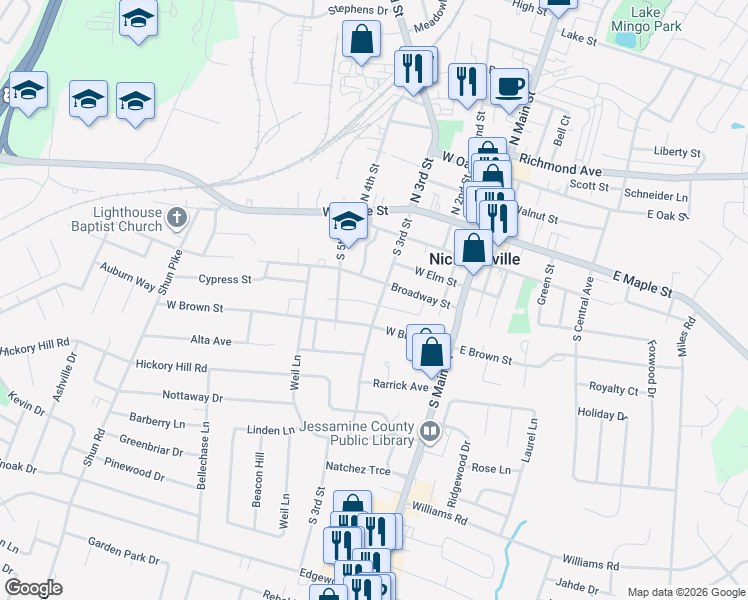 map of restaurants, bars, coffee shops, grocery stores, and more near 303 South 3rd Street in Nicholasville