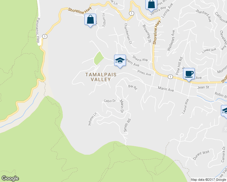 map of restaurants, bars, coffee shops, grocery stores, and more near 756 Marin Drive in Mill Valley