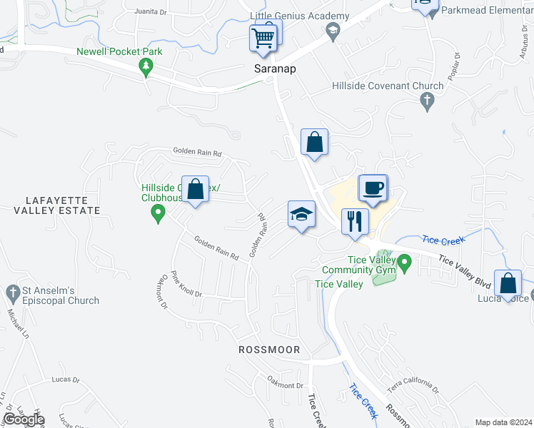 map of restaurants, bars, coffee shops, grocery stores, and more near 1908 Golden Rain Road in Walnut Creek