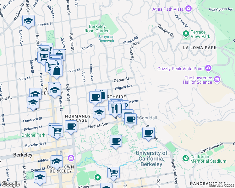 map of restaurants, bars, coffee shops, grocery stores, and more near 2505 Virginia Street in Berkeley