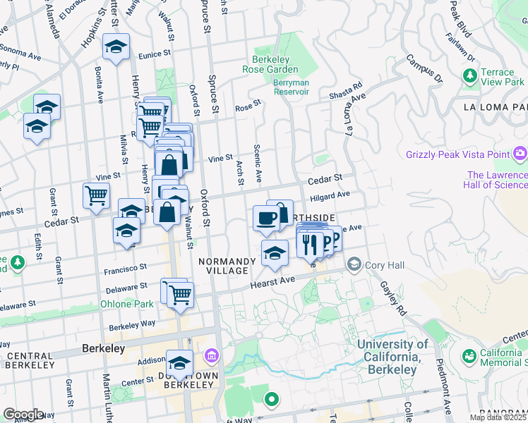 map of restaurants, bars, coffee shops, grocery stores, and more near 2346 Hilgard Avenue in Berkeley
