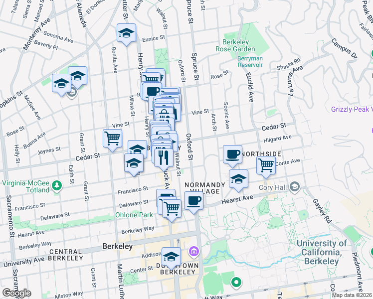 map of restaurants, bars, coffee shops, grocery stores, and more near 1639 Oxford Street in Berkeley