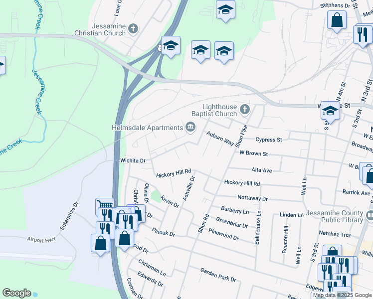 map of restaurants, bars, coffee shops, grocery stores, and more near 109 Charlotte Circle in Nicholasville