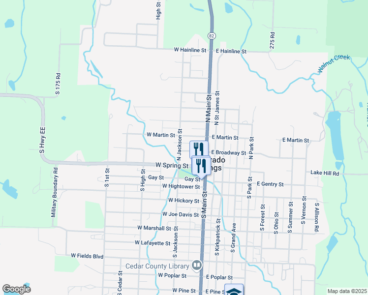 map of restaurants, bars, coffee shops, grocery stores, and more near 121 West Broadway Street in El Dorado Springs