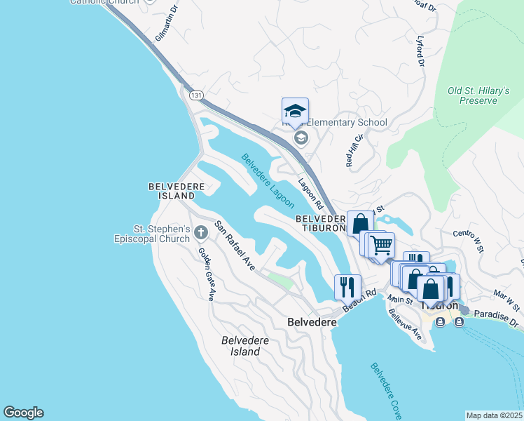 map of restaurants, bars, coffee shops, grocery stores, and more near 70 Peninsula Road in Belvedere