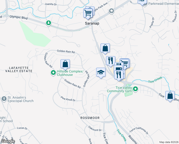 map of restaurants, bars, coffee shops, grocery stores, and more near 1908 Golden Rain Road in Walnut Creek