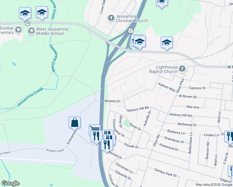 map of restaurants, bars, coffee shops, grocery stores, and more near 30 Wichita Drive in Nicholasville