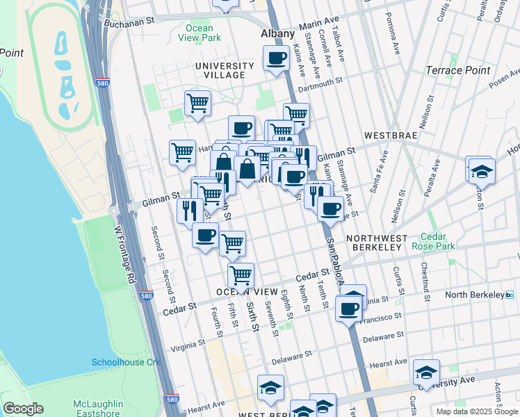 map of restaurants, bars, coffee shops, grocery stores, and more near Camelia Street in Albany