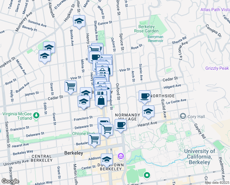 map of restaurants, bars, coffee shops, grocery stores, and more near 1622 Oxford Street in Berkeley