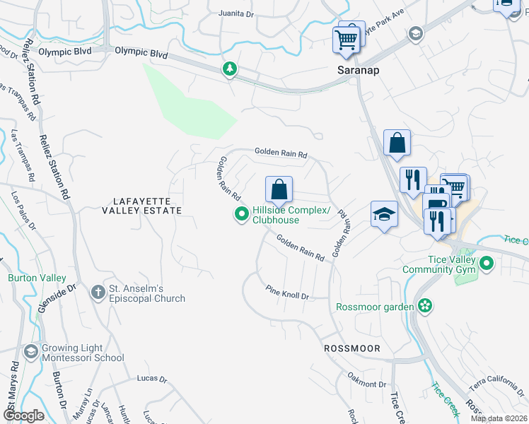 map of restaurants, bars, coffee shops, grocery stores, and more near 3349 Golden Rain Road in Walnut Creek