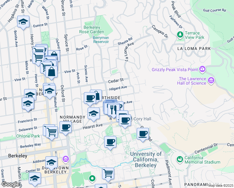 map of restaurants, bars, coffee shops, grocery stores, and more near 2597 Virginia Street in Berkeley