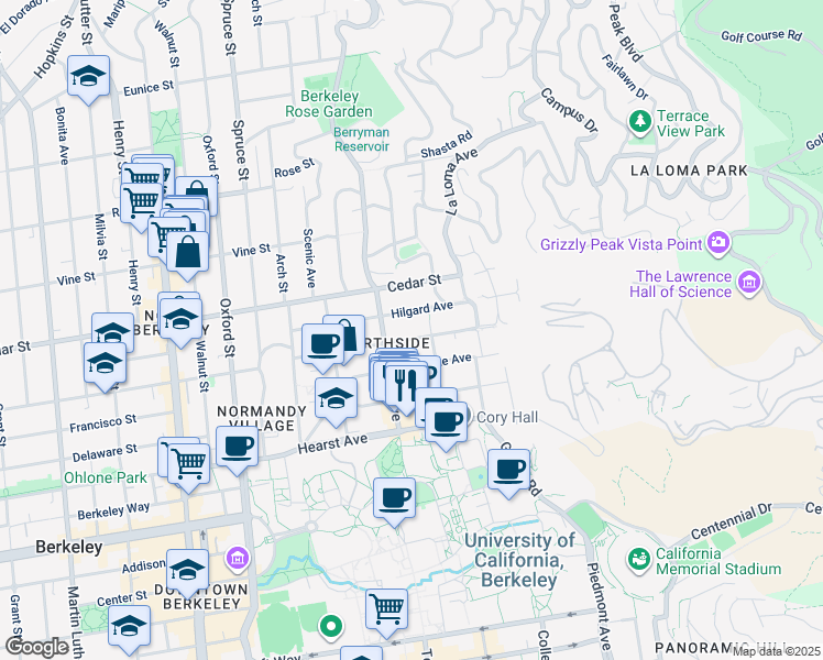map of restaurants, bars, coffee shops, grocery stores, and more near 2597 Virginia Street in Berkeley