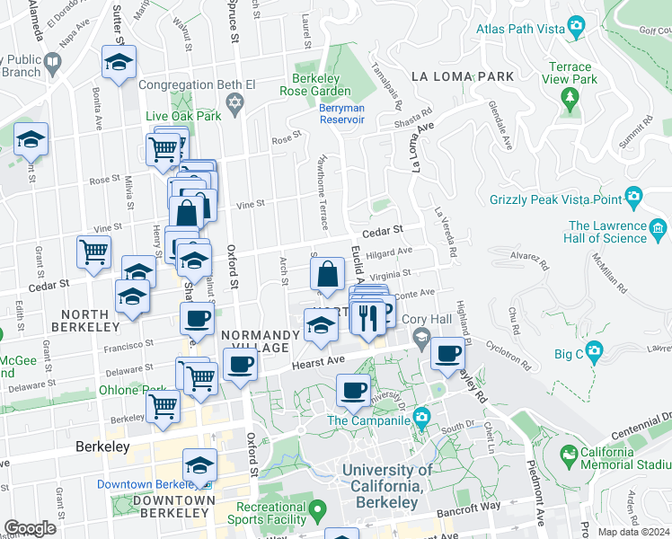 map of restaurants, bars, coffee shops, grocery stores, and more near 2435 Virginia Street in Berkeley
