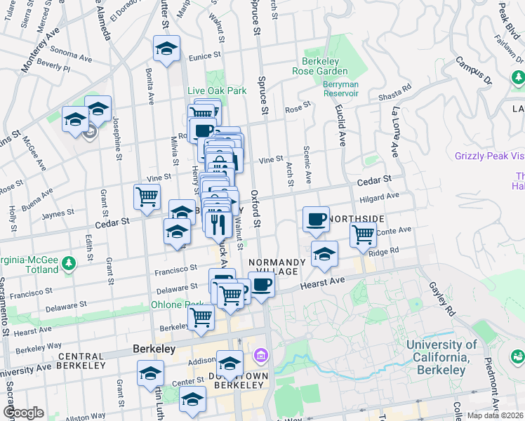map of restaurants, bars, coffee shops, grocery stores, and more near 1639 Oxford Street in Berkeley