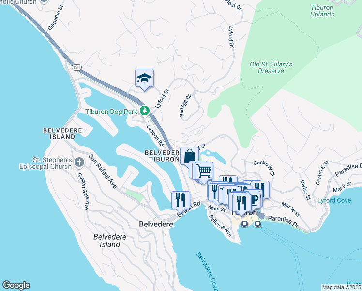 map of restaurants, bars, coffee shops, grocery stores, and more near 1212 Mariner Way in Tiburon