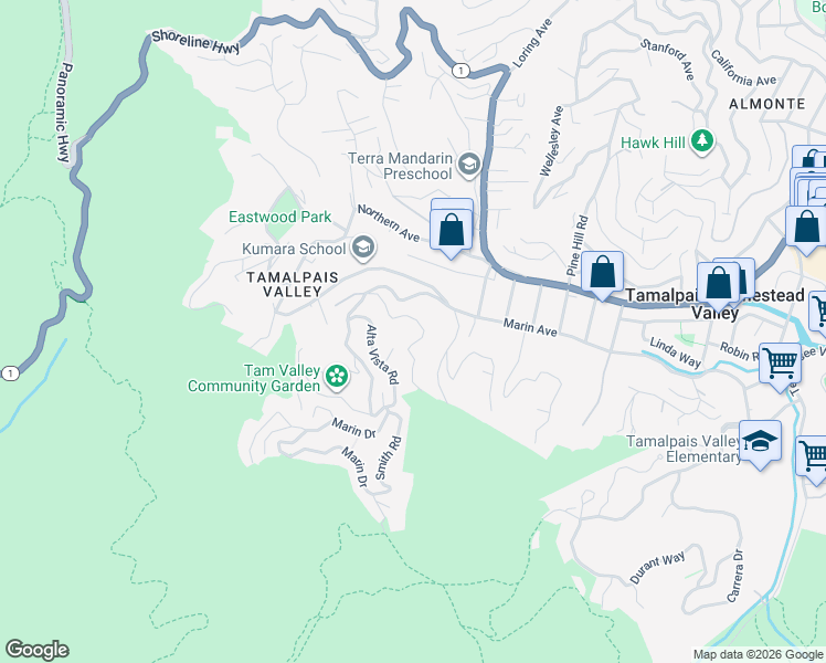 map of restaurants, bars, coffee shops, grocery stores, and more near 740 Bay Road in Mill Valley