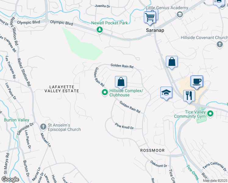 map of restaurants, bars, coffee shops, grocery stores, and more near 1001 Golden Rain Road in Walnut Creek