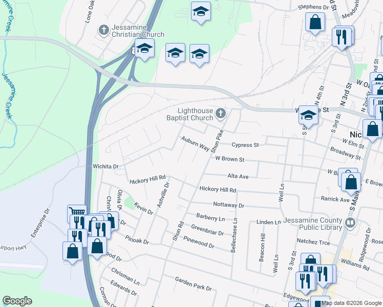 map of restaurants, bars, coffee shops, grocery stores, and more near 113 Raleigh Drive in Nicholasville